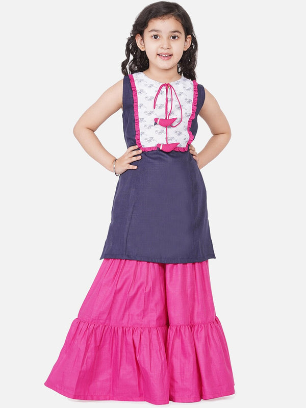 Girl's Navy Blue & Pink Straight Kurta with Sharara - NOZ2TOZ KIDS