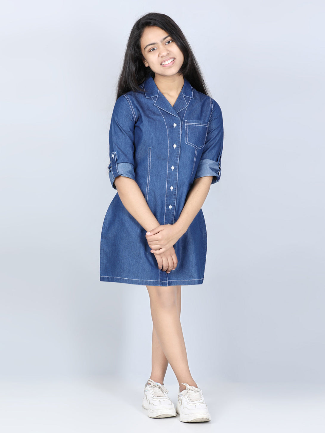 Girl's  Denim Shirt Dress With Lapel - StyleStone Kid