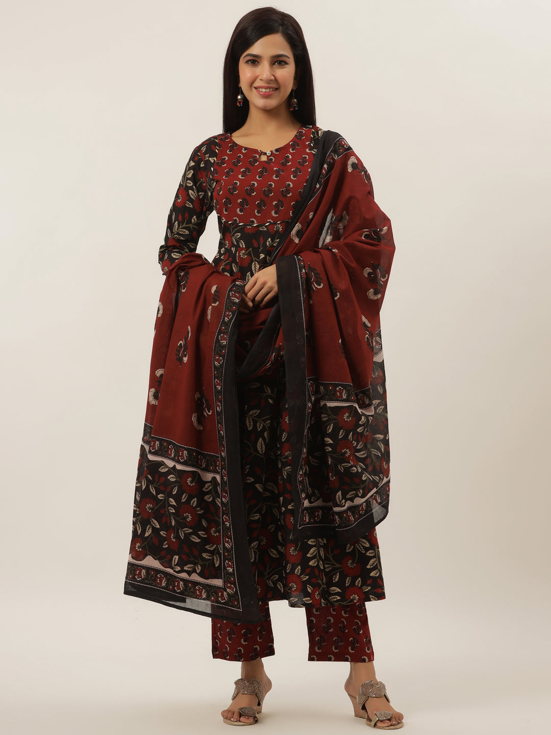 Women's Black And Maroon Cotton Anarkali Kurta With Palazzo & Dupatta - Yufta