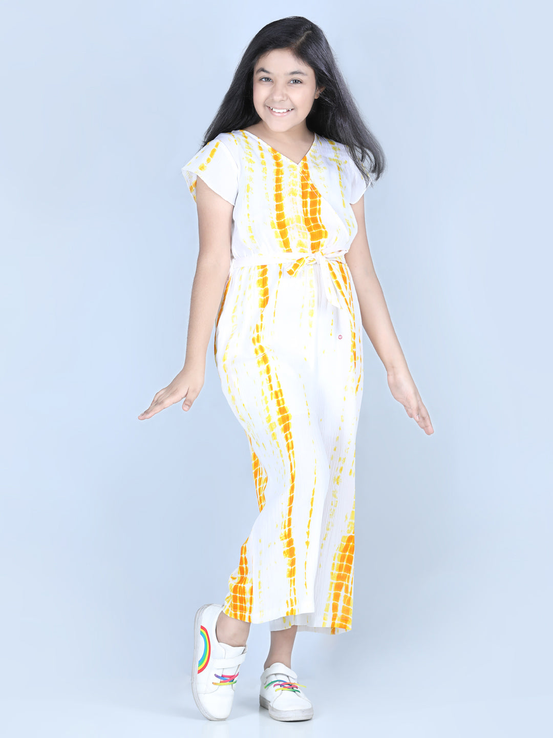 Girl's  Rayon Yellow Tie & Dye Jumpsuit - StyleStone Kid