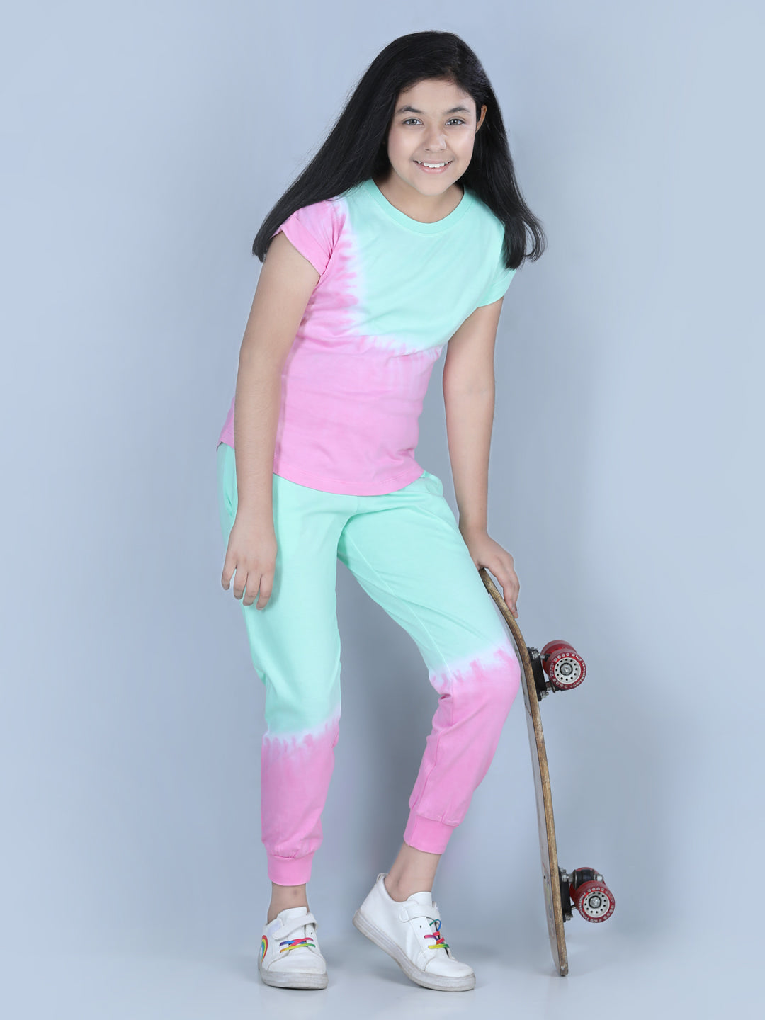 Girl's  Multicolored Tie & Dye Cotton Track Suit Set - StyleStone Kid