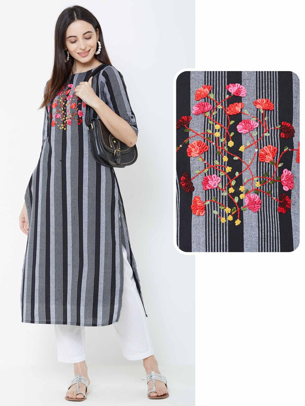 Floral Hand Embroidered Vertical Striped Kurta – Black - Indiakreations