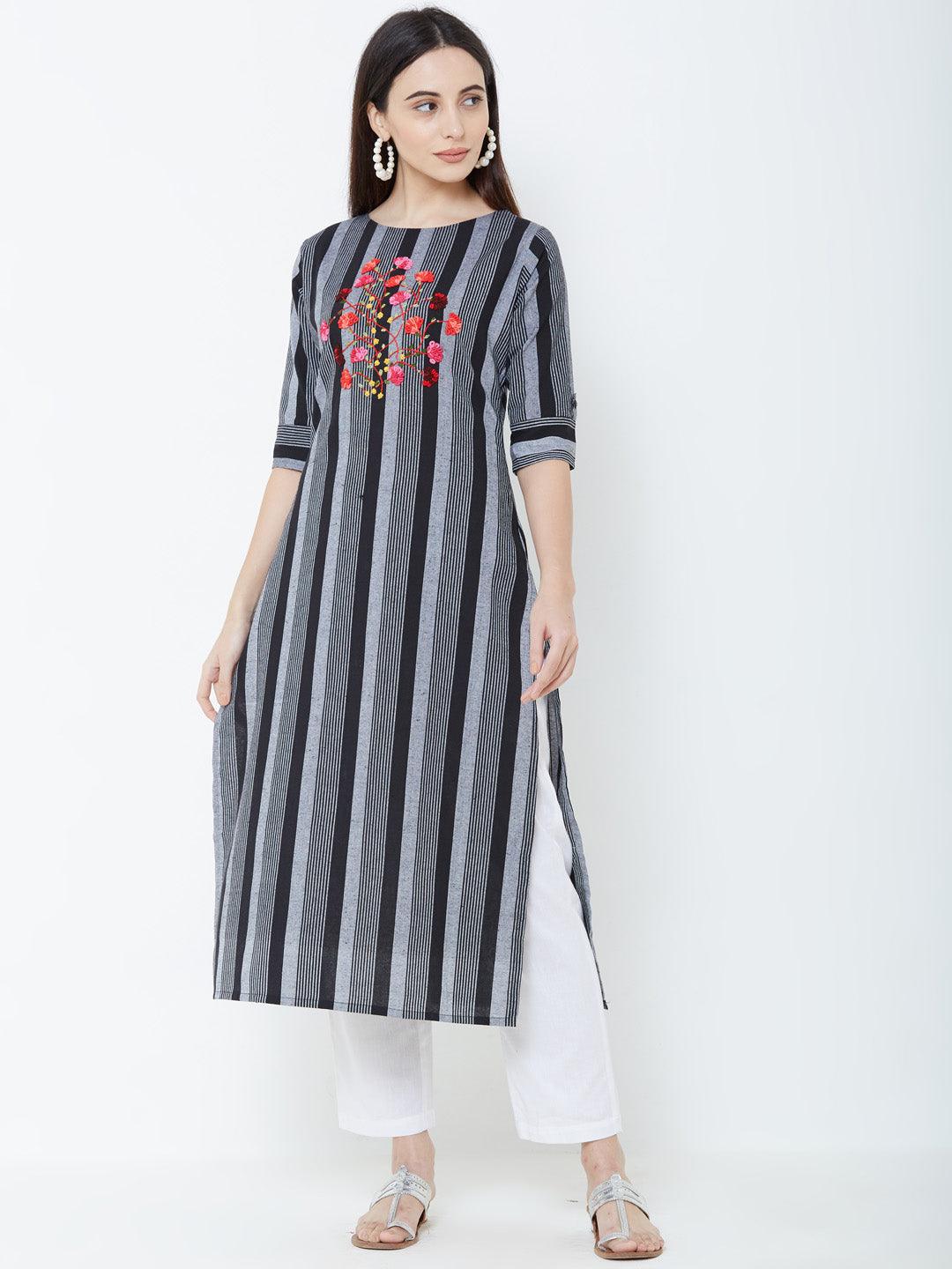 Floral Hand Embroidered Vertical Striped Kurta – Black - Indiakreations