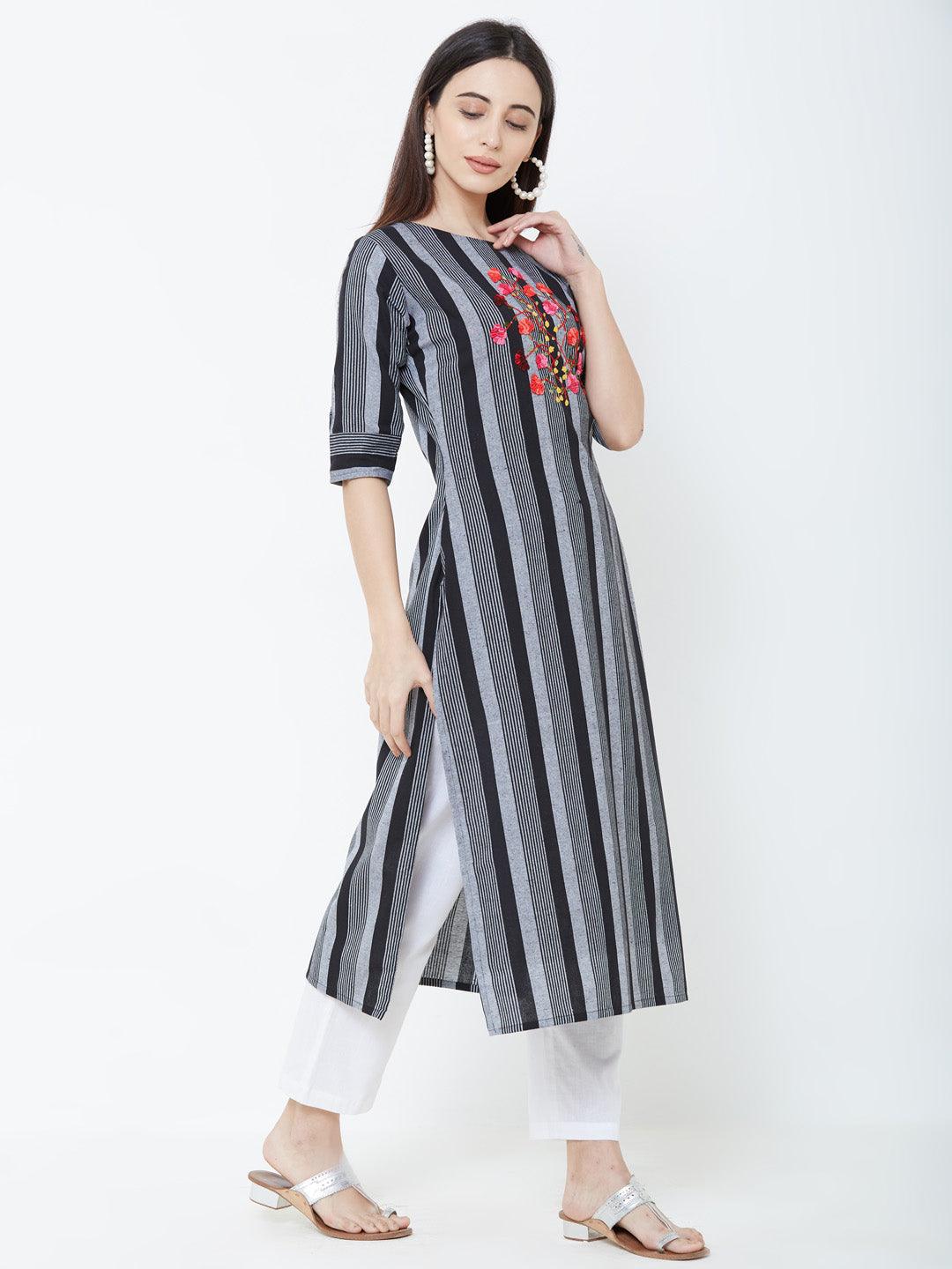 Floral Hand Embroidered Vertical Striped Kurta – Black - Indiakreations