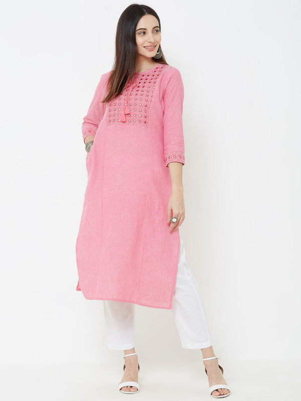 Foil Mirror & Diamond Checks Embroidered Kurta – Pink - Indiakreations