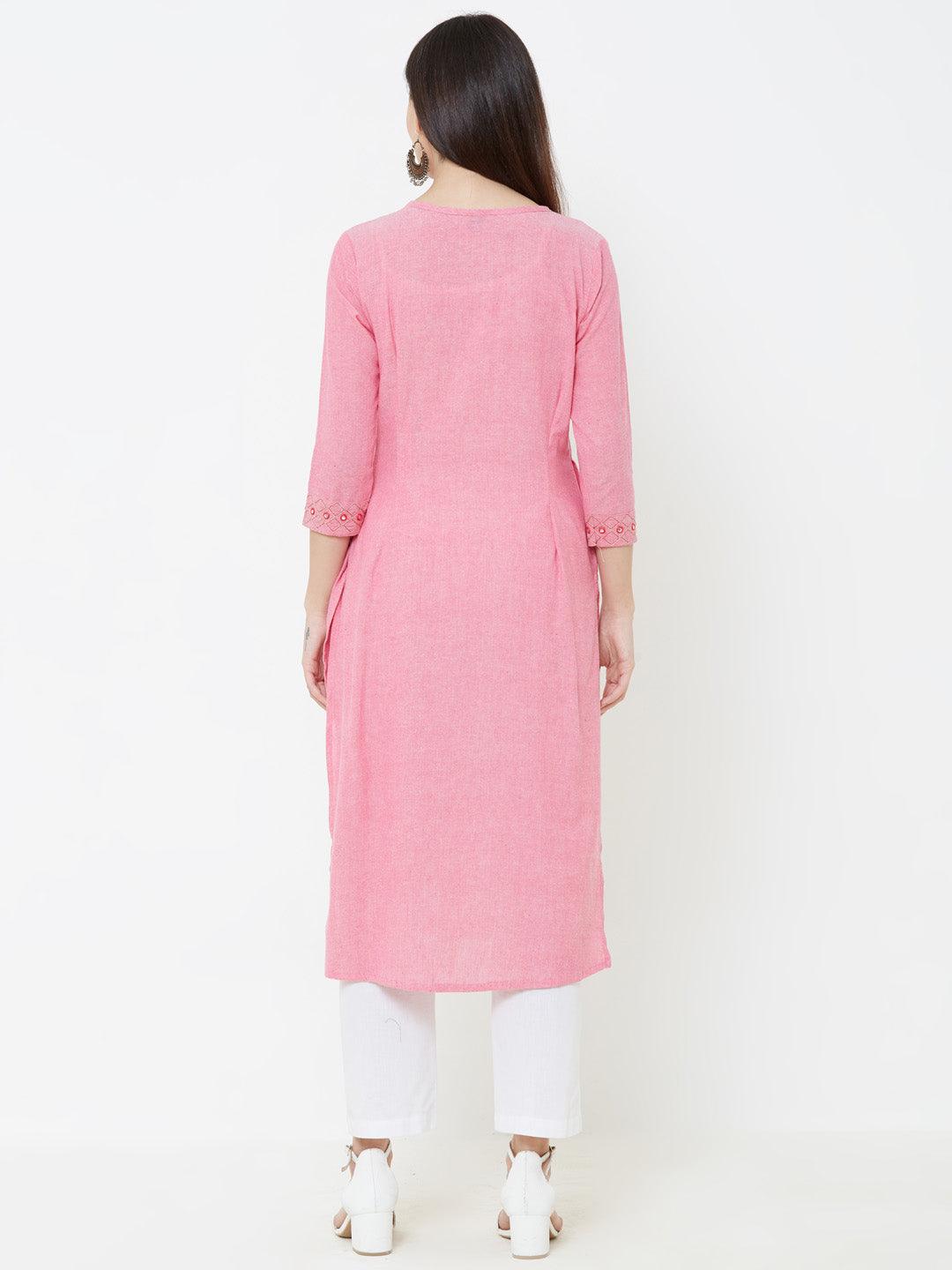 Foil Mirror & Diamond Checks Embroidered Kurta – Pink - Indiakreations