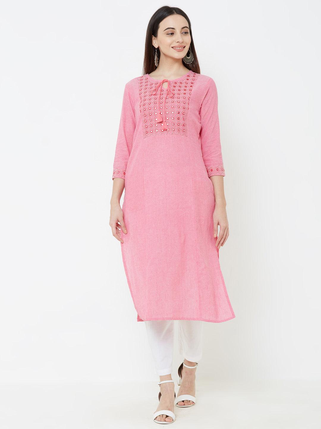 Foil Mirror & Diamond Checks Embroidered Kurta – Pink - Indiakreations