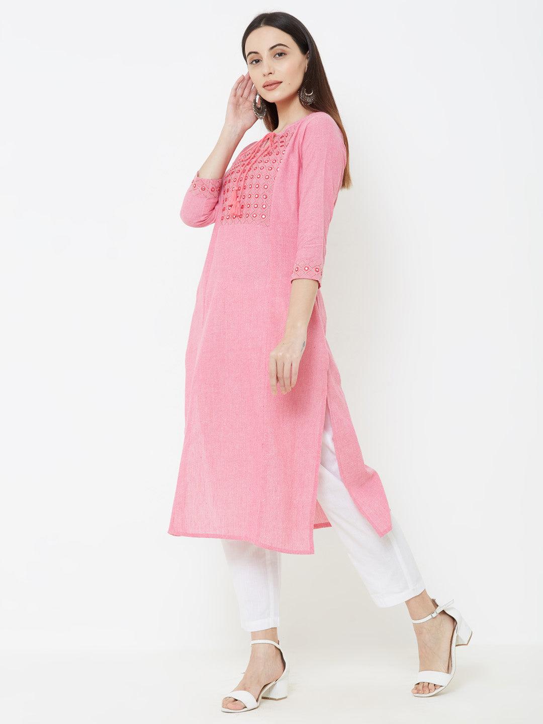 Foil Mirror & Diamond Checks Embroidered Kurta – Pink - Indiakreations