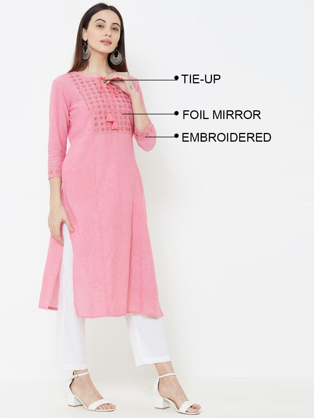 Foil Mirror & Diamond Checks Embroidered Kurta – Pink - Indiakreations