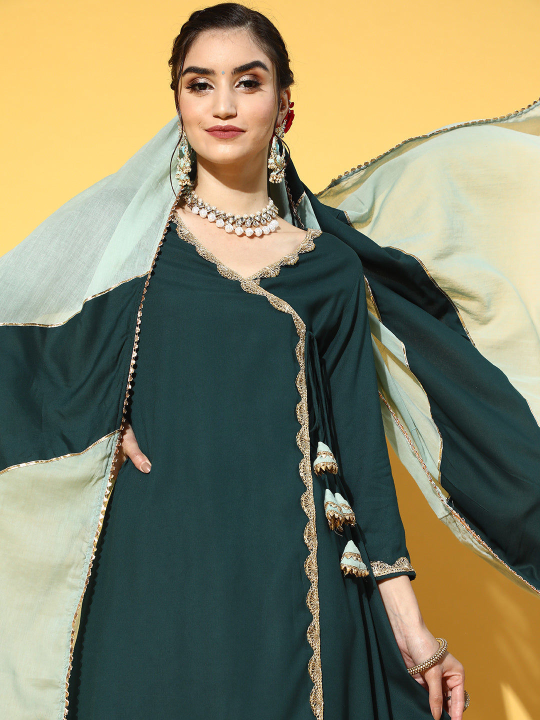 Women's Teal Green Solid Angrakha Kurta With Palazzos & With Dupatta - Yufta