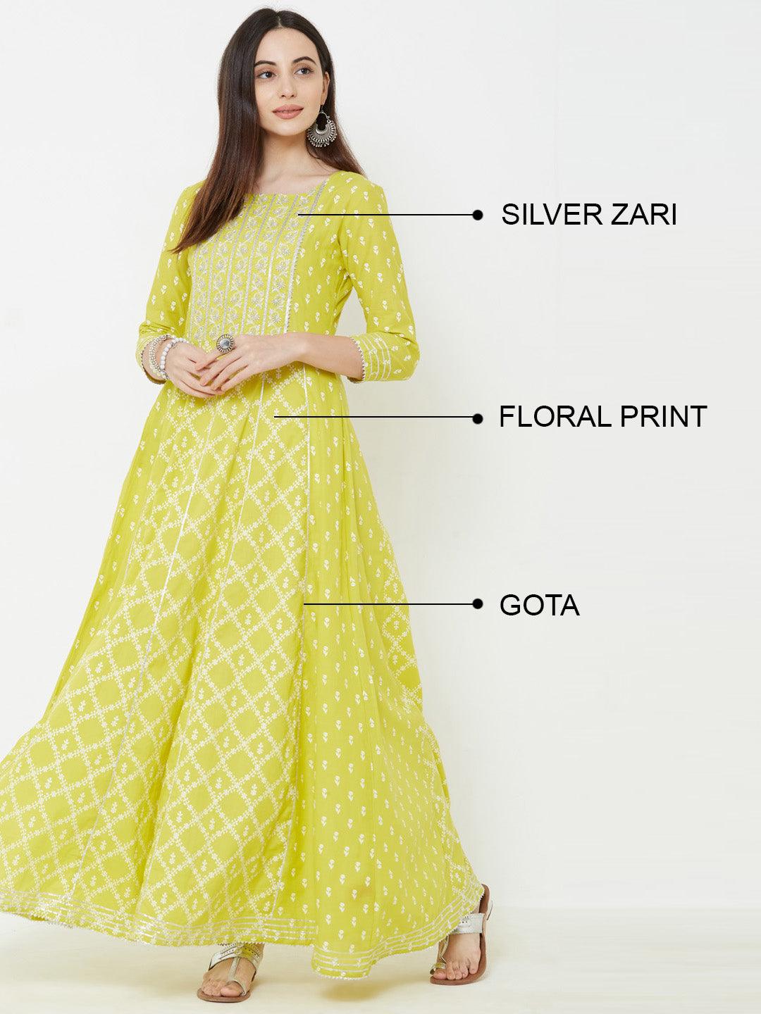 Silver Zari Embroidered & Gota Embellished Multi Panelled Maxi – Chartreuse Green - Indiakreations