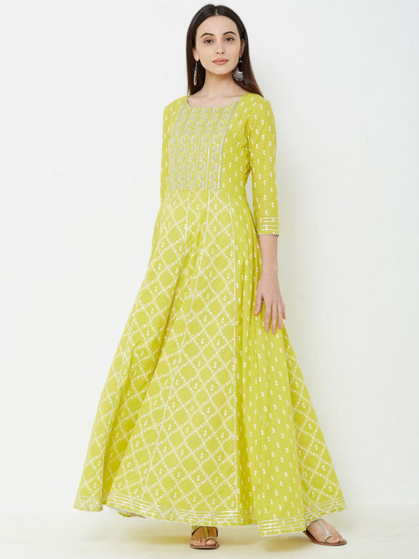 Silver Zari Embroidered & Gota Embellished Multi Panelled Maxi – Chartreuse Green - Indiakreations