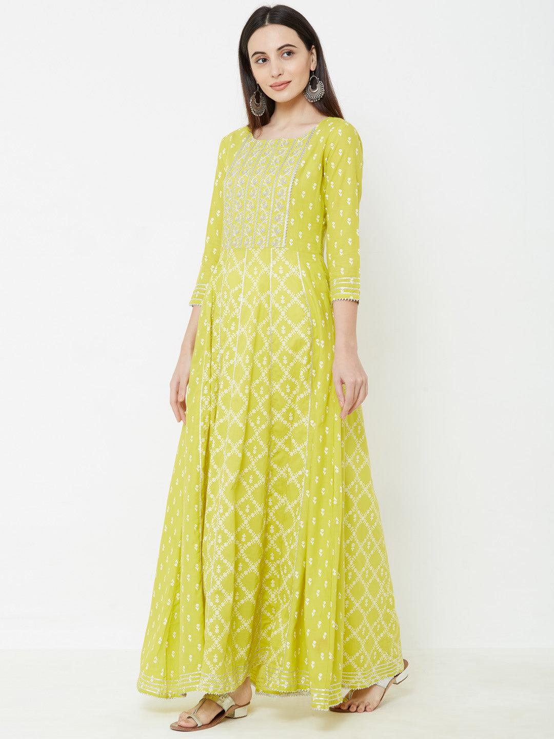 Silver Zari Embroidered & Gota Embellished Multi Panelled Maxi – Chartreuse Green - Indiakreations