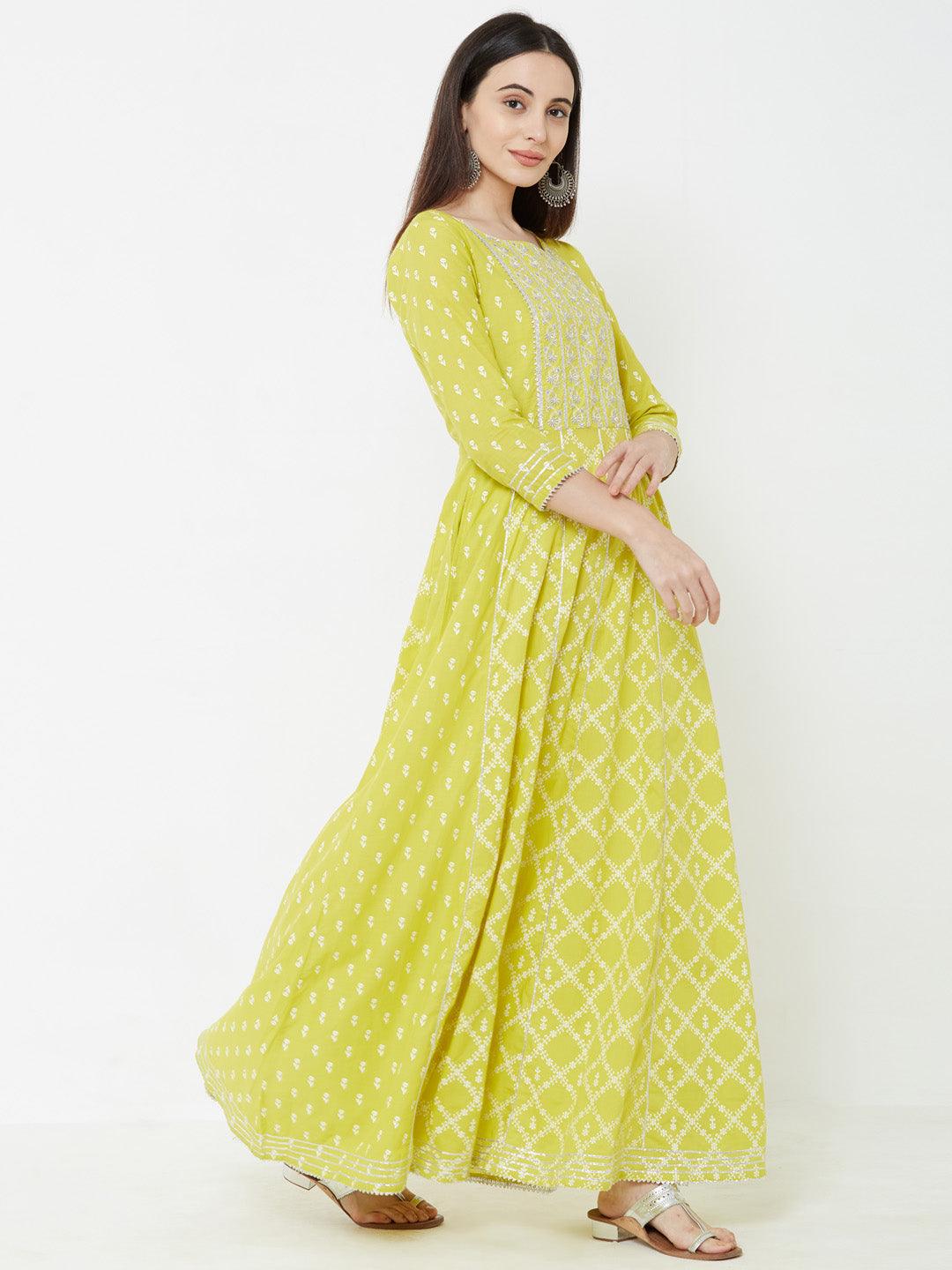 Silver Zari Embroidered & Gota Embellished Multi Panelled Maxi – Chartreuse Green - Indiakreations