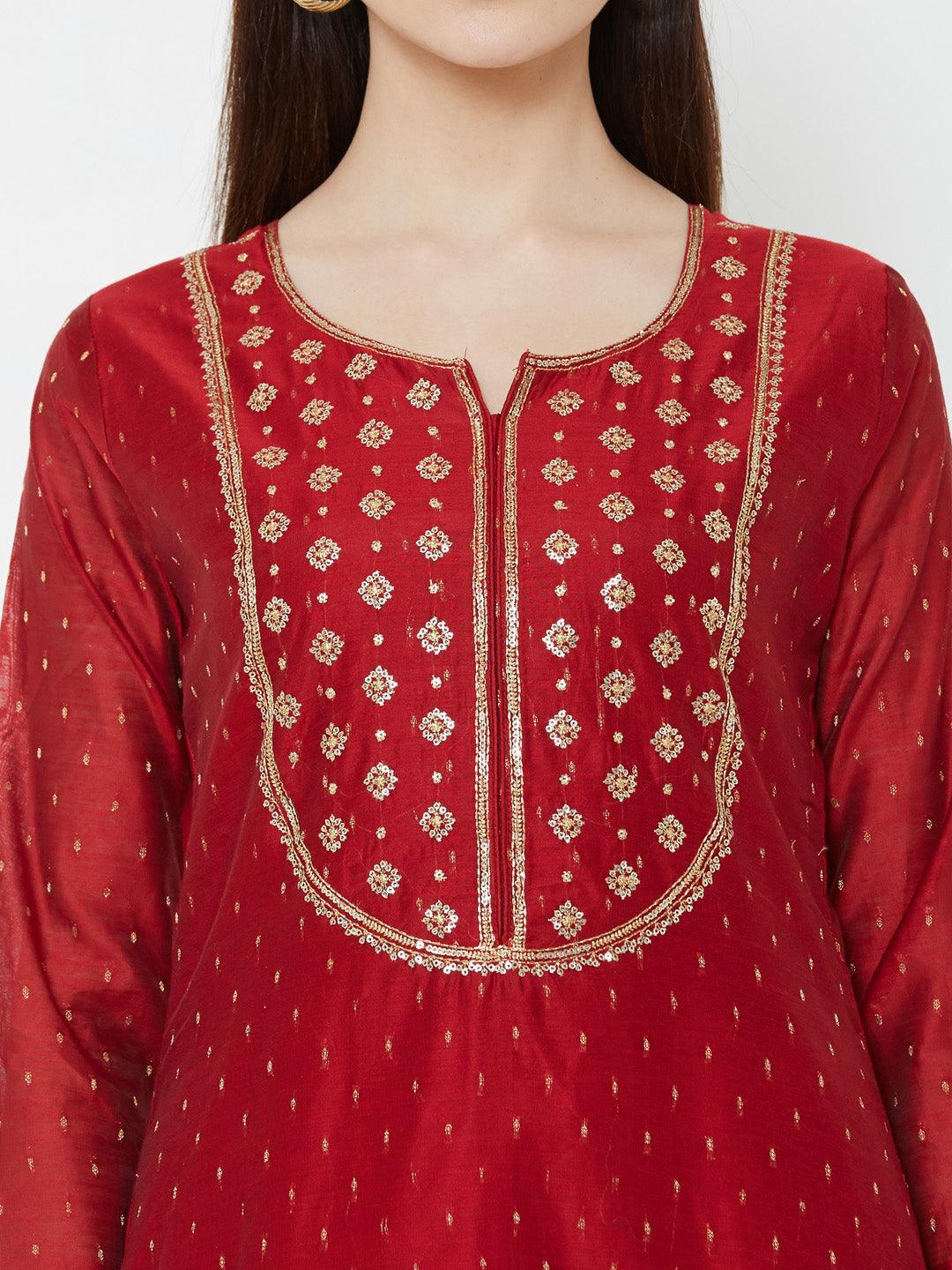 Sequins Embellished Chanderi Kurta – Red - Indiakreations