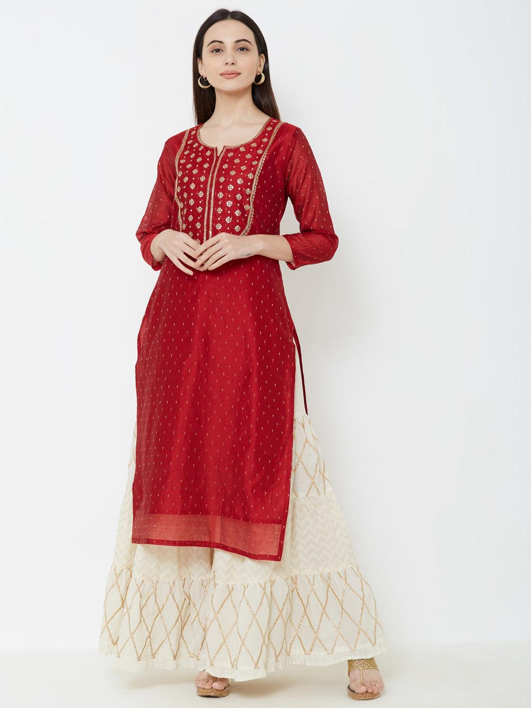 Sequins Embellished Chanderi Kurta – Red - Indiakreations