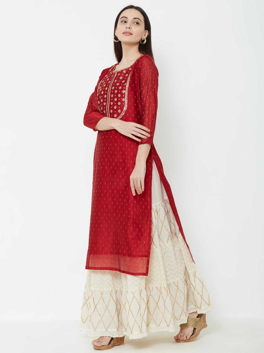 Sequins Embellished Chanderi Kurta – Red - Indiakreations