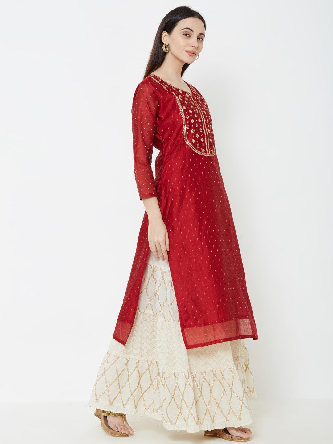 Sequins Embellished Chanderi Kurta – Red - Indiakreations