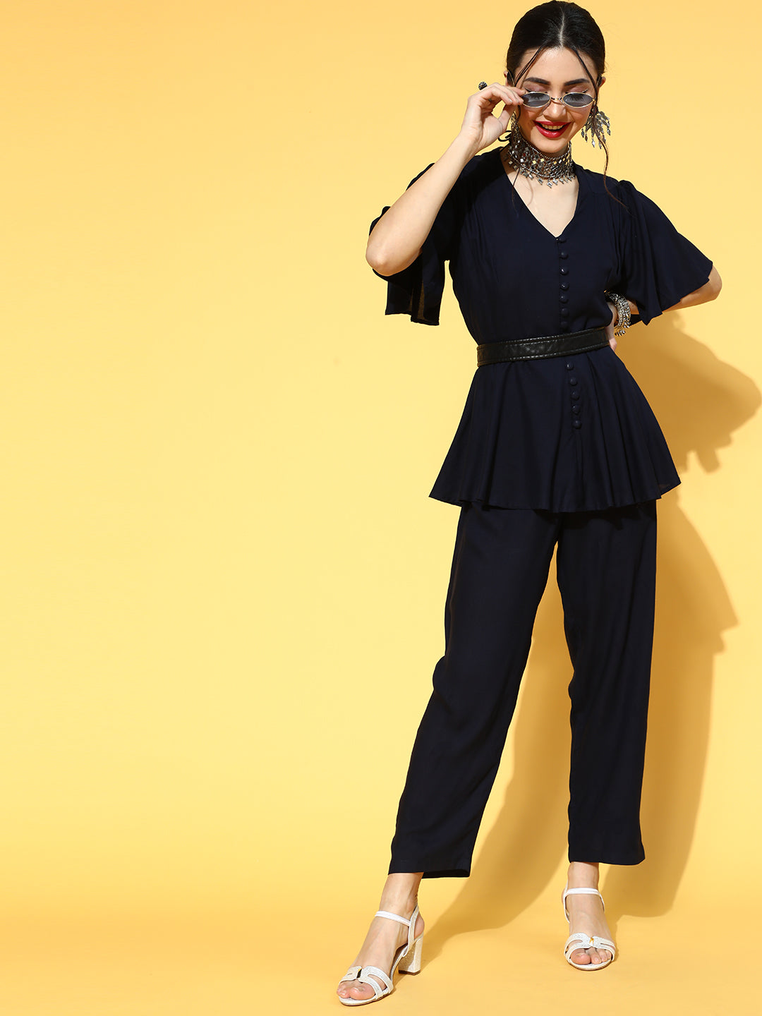 Women's Navy Blue Solid Bell Sleeves Jumpsuit - Yufta