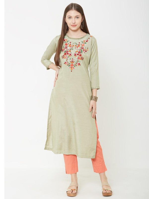 Bullion Knot Floral Embroidered Kurta – Pastel Green - Indiakreations