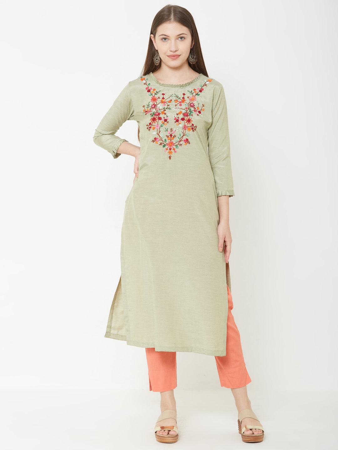 Bullion Knot Floral Embroidered Kurta – Pastel Green - Indiakreations