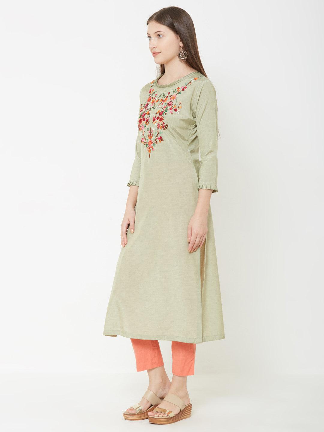 Bullion Knot Floral Embroidered Kurta – Pastel Green - Indiakreations