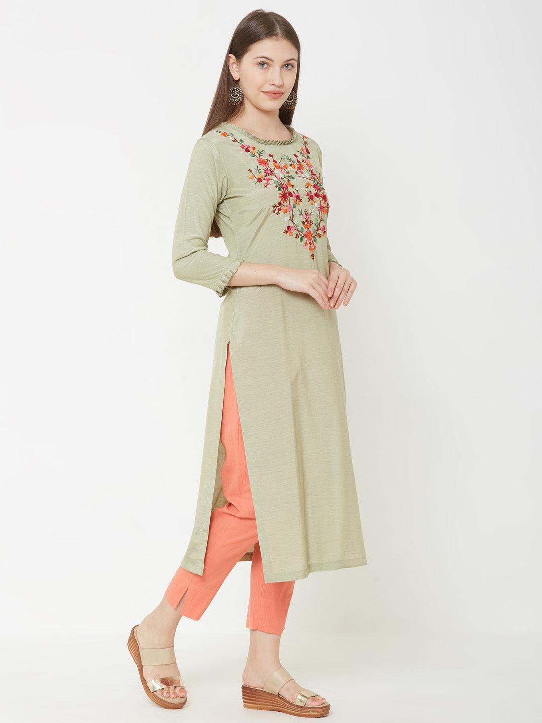 Bullion Knot Floral Embroidered Kurta – Pastel Green - Indiakreations