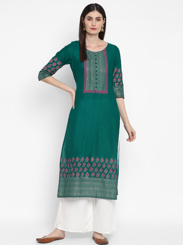 Women's Sea Green Cotton Printed Straight Kurti With Block Print (1 Pc) - Noz2Toz