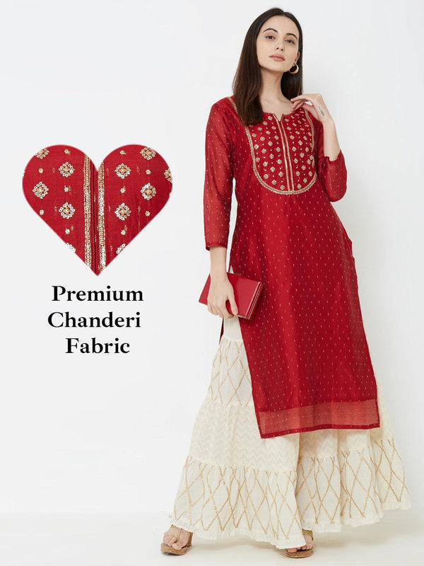 Sequins Embellished Chanderi Kurta – Red - Indiakreations