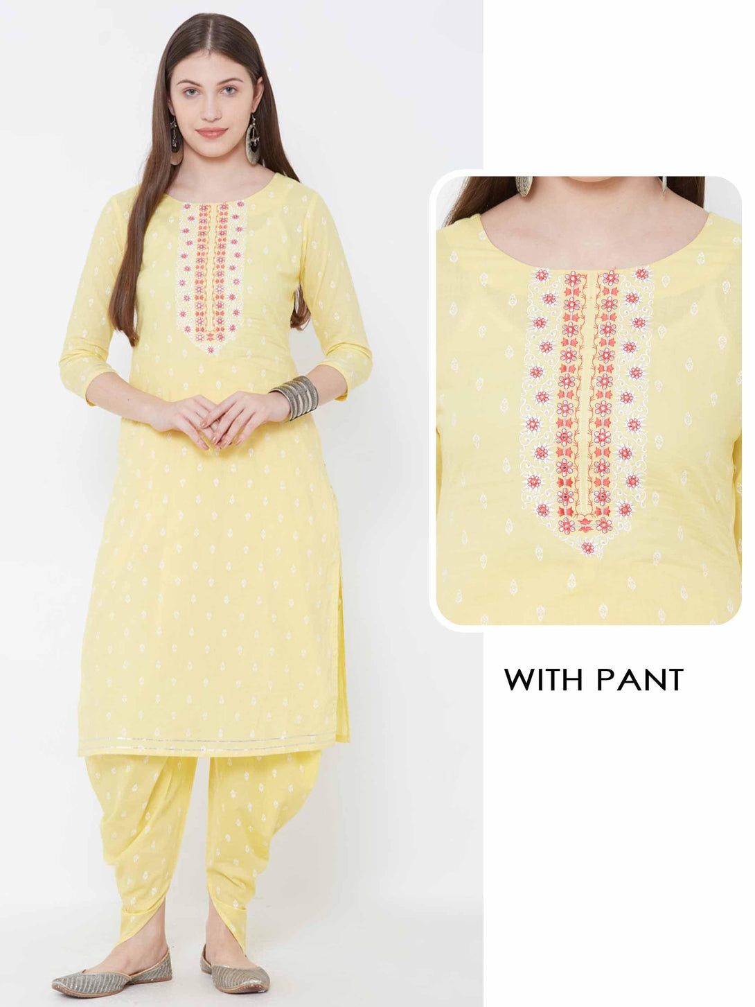 Floral Embroidered Ethnic Kurta with Dhoti Pant – Yellow - Indiakreations