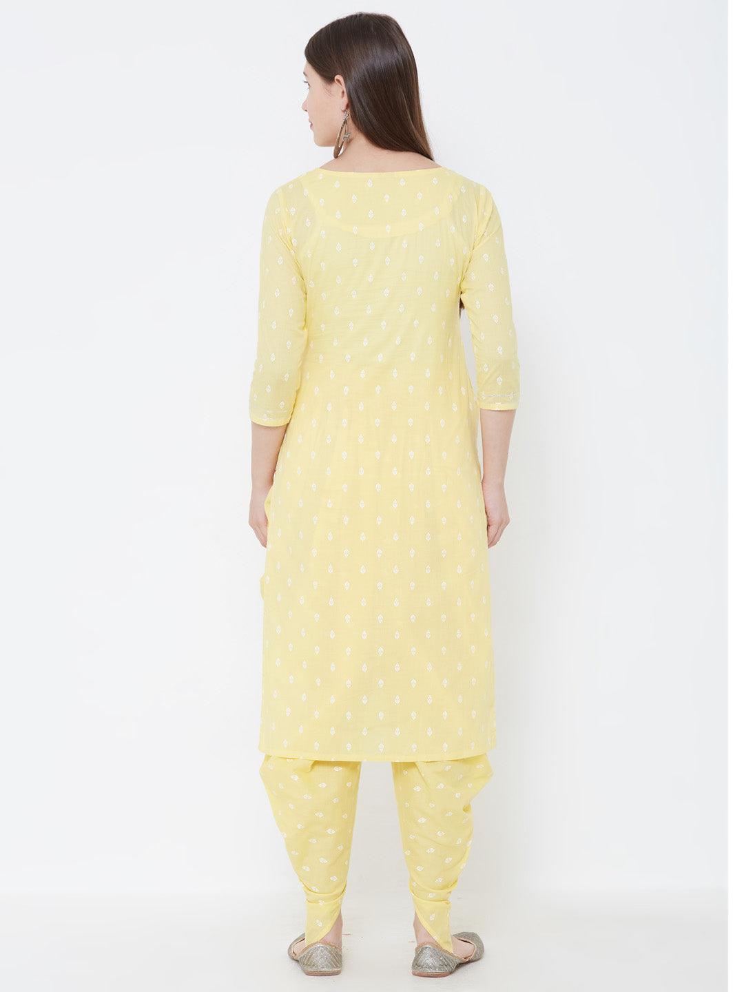 Floral Embroidered Ethnic Kurta with Dhoti Pant – Yellow - Indiakreations