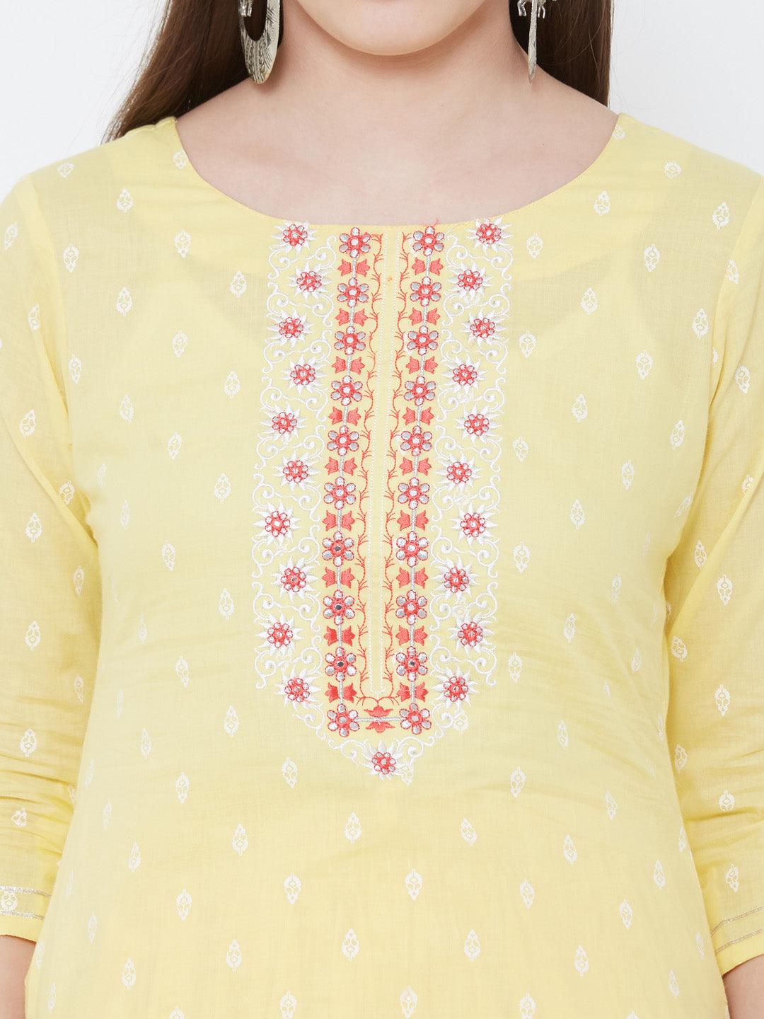 Floral Embroidered Ethnic Kurta with Dhoti Pant – Yellow - Indiakreations