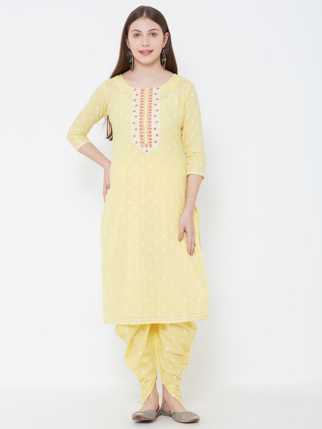 Floral Embroidered Ethnic Kurta with Dhoti Pant – Yellow - Indiakreations