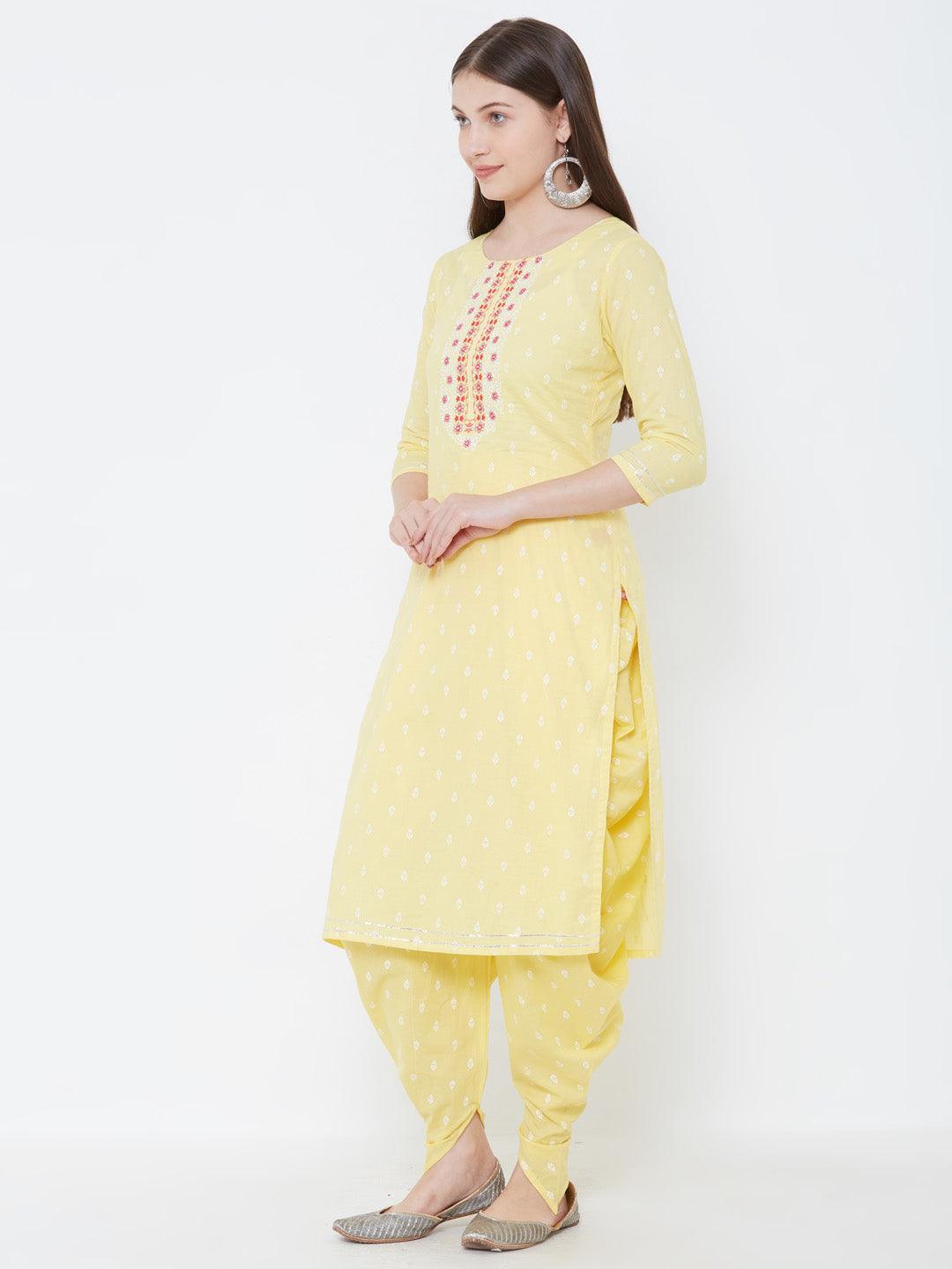 Floral Embroidered Ethnic Kurta with Dhoti Pant – Yellow - Indiakreations