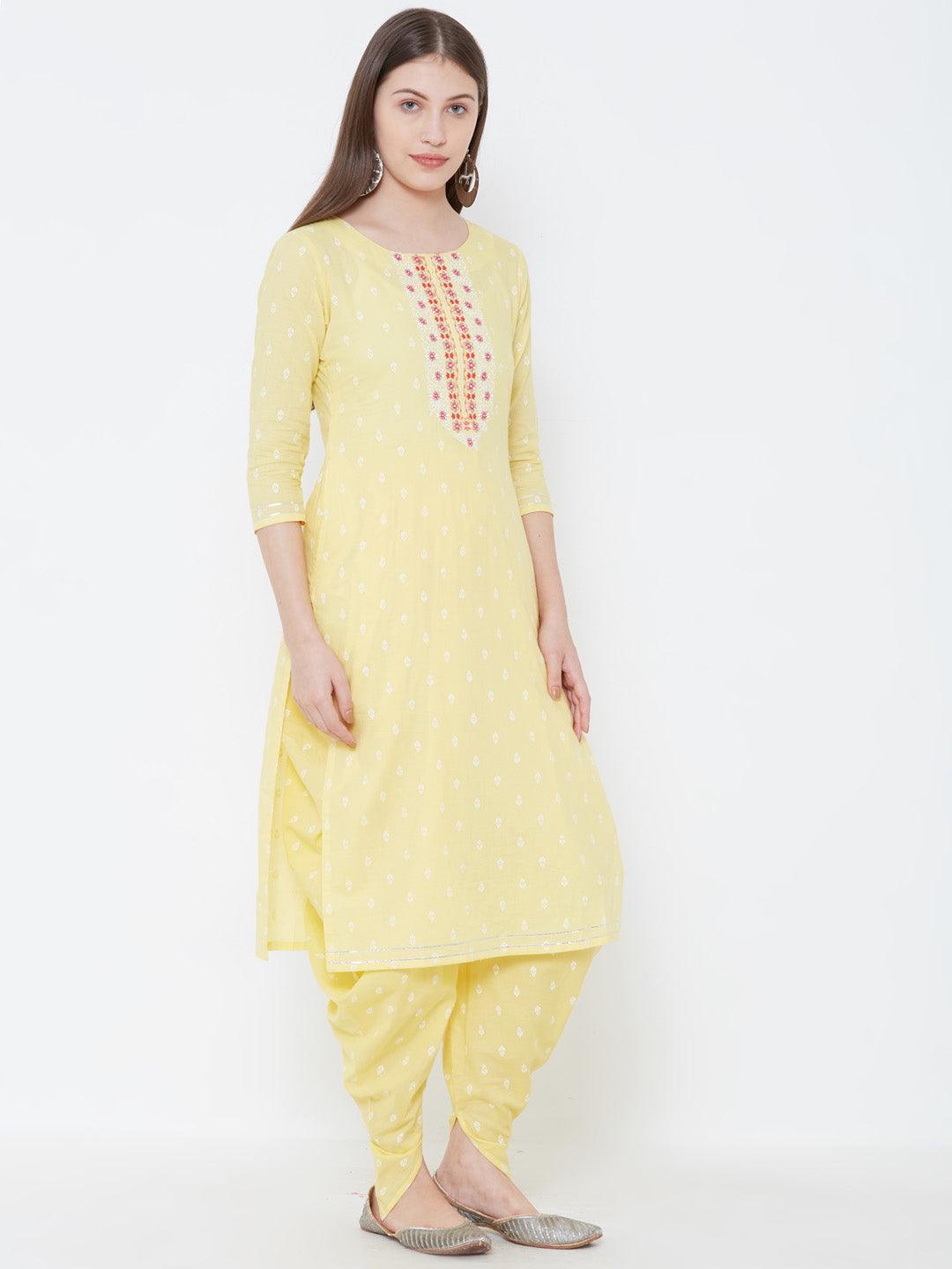 Floral Embroidered Ethnic Kurta with Dhoti Pant – Yellow - Indiakreations