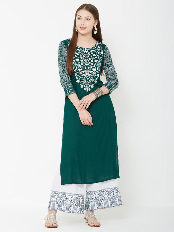 Floral Embroidered Kurta & Mixed printed Palazzo – Green - Indiakreations