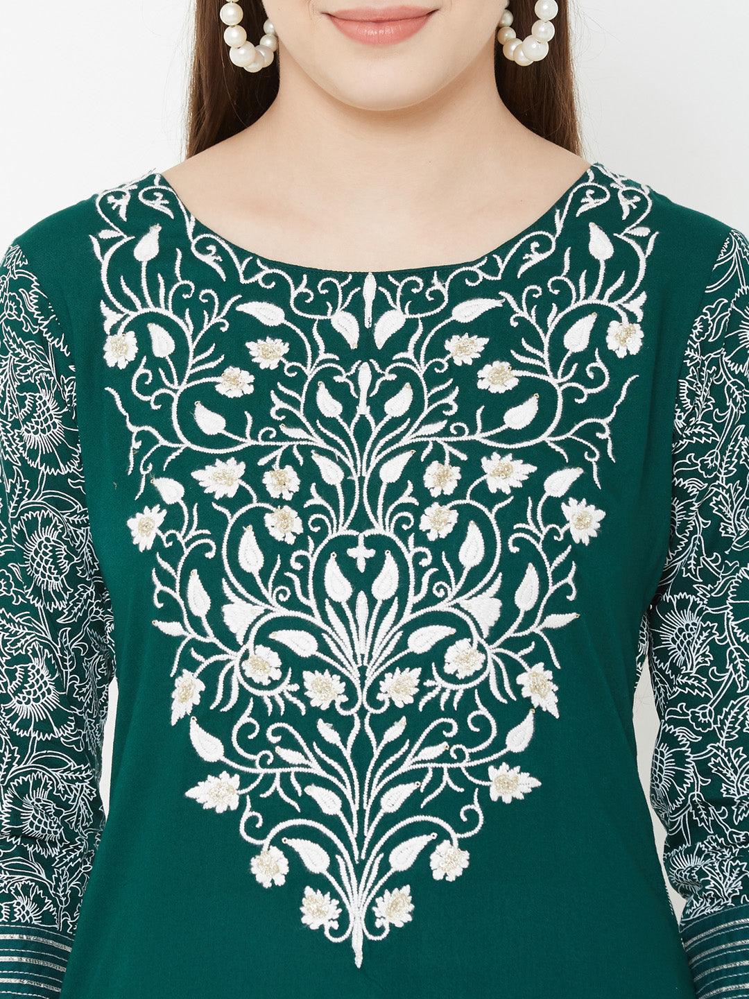 Floral Embroidered Kurta & Mixed printed Palazzo – Green - Indiakreations