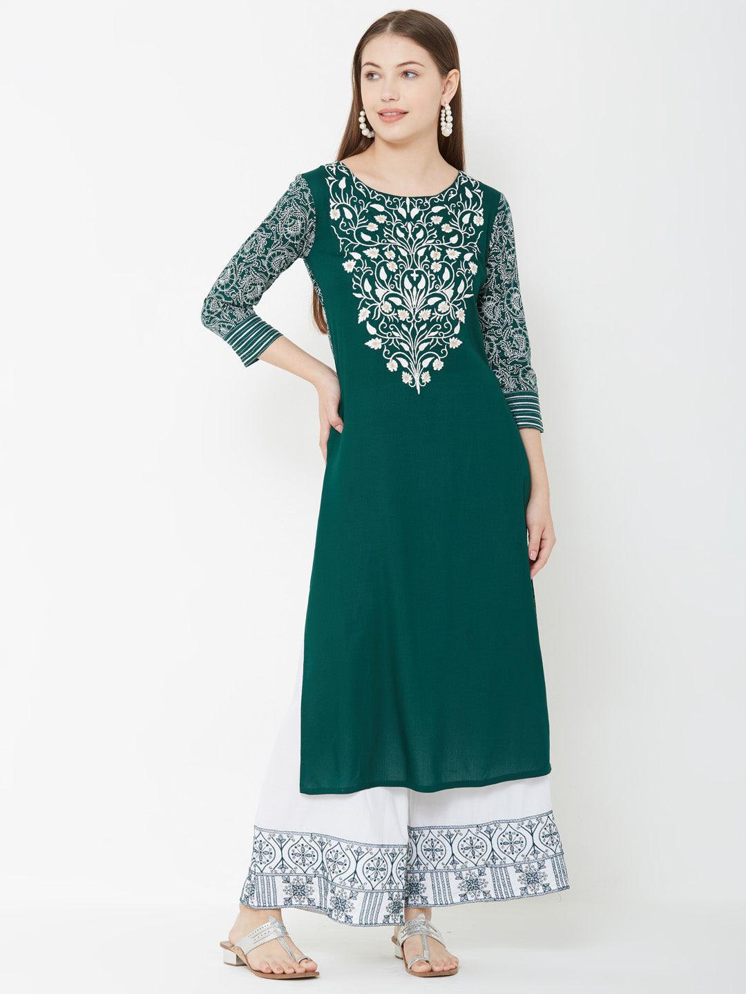 Floral Embroidered Kurta & Mixed printed Palazzo – Green - Indiakreations