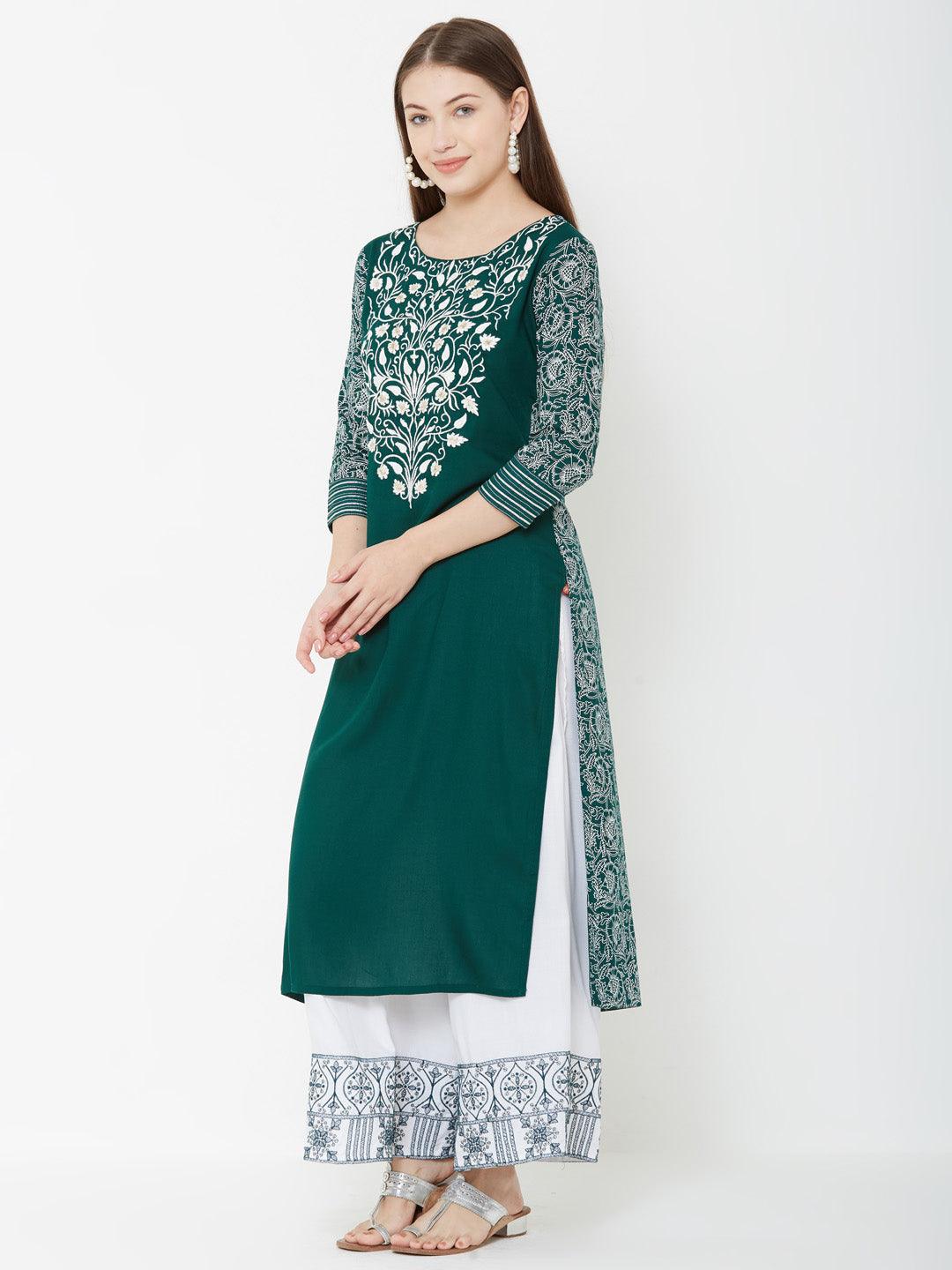 Floral Embroidered Kurta & Mixed printed Palazzo – Green - Indiakreations