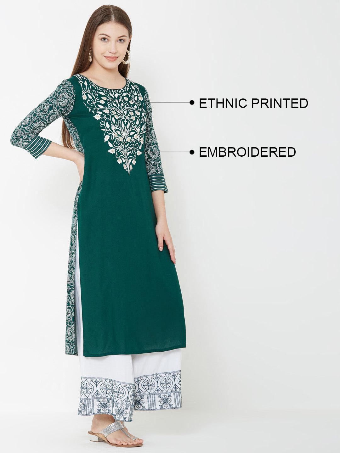 Floral Embroidered Kurta & Mixed printed Palazzo – Green - Indiakreations