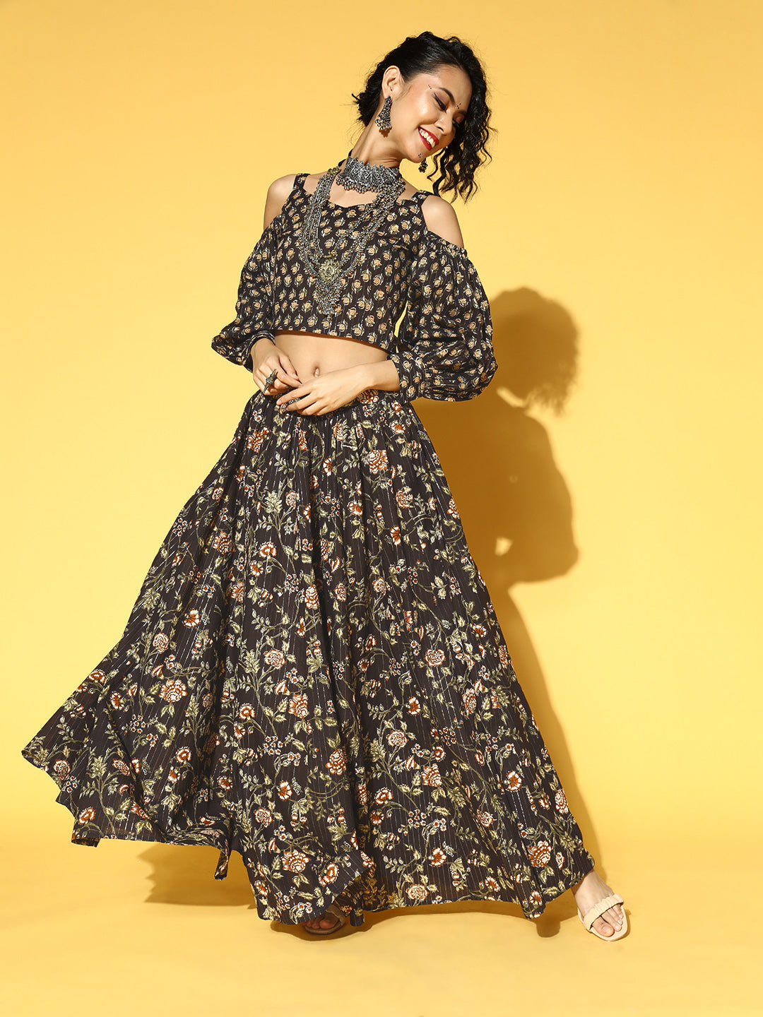 Women's Black & Beige Printed Pure Cotton Top & Skirt - Yufta