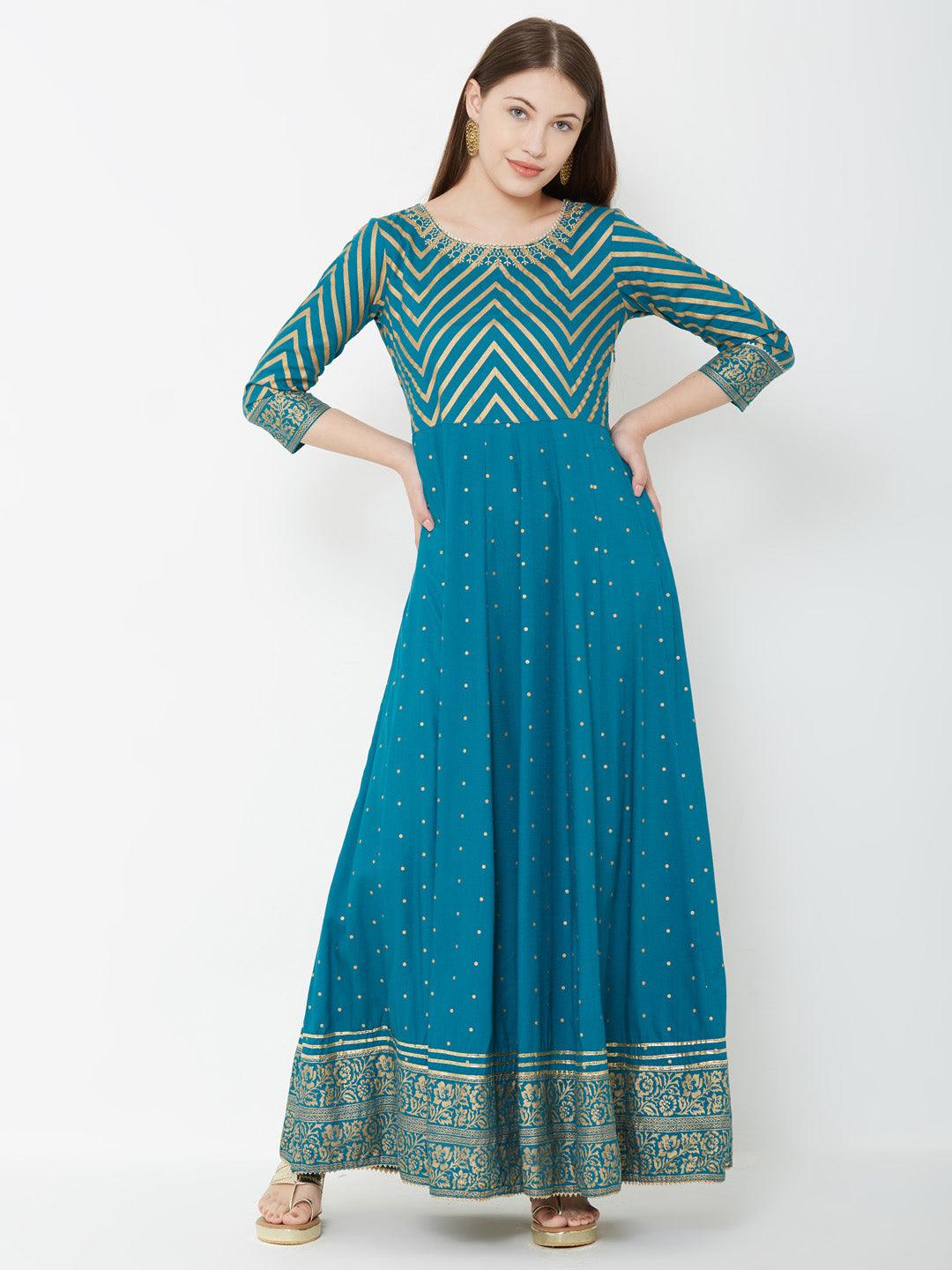 Chevron Printed Multi Panel Maxi – Turquoise Blue - Indiakreations