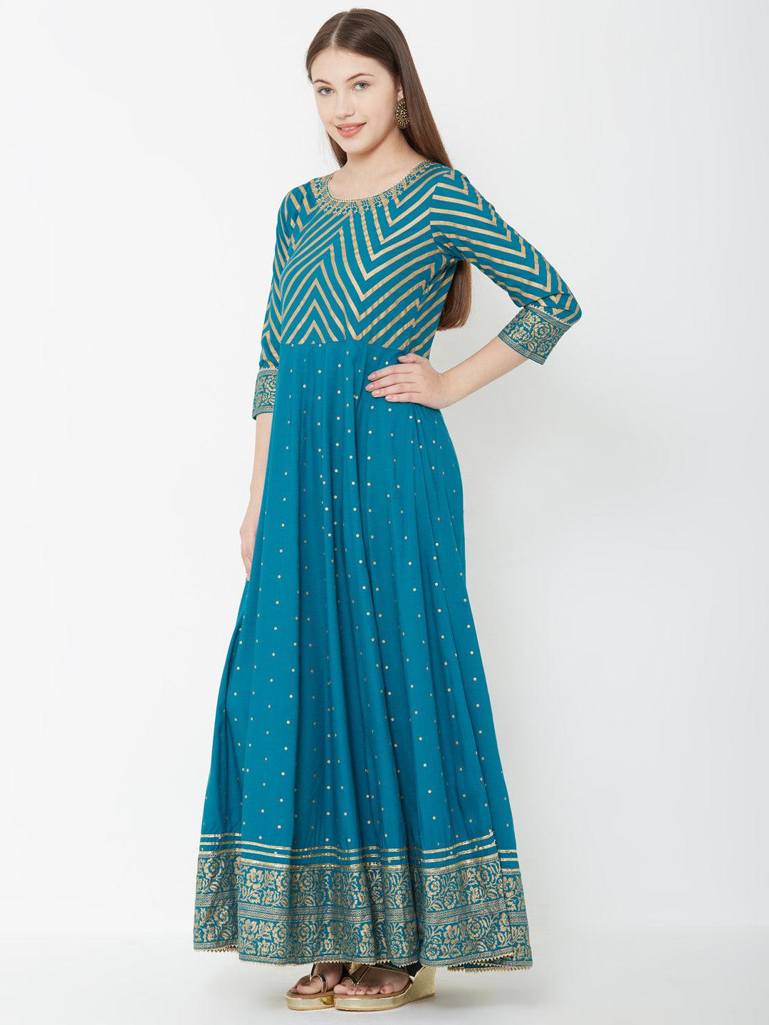 Chevron Printed Multi Panel Maxi – Turquoise Blue - Indiakreations