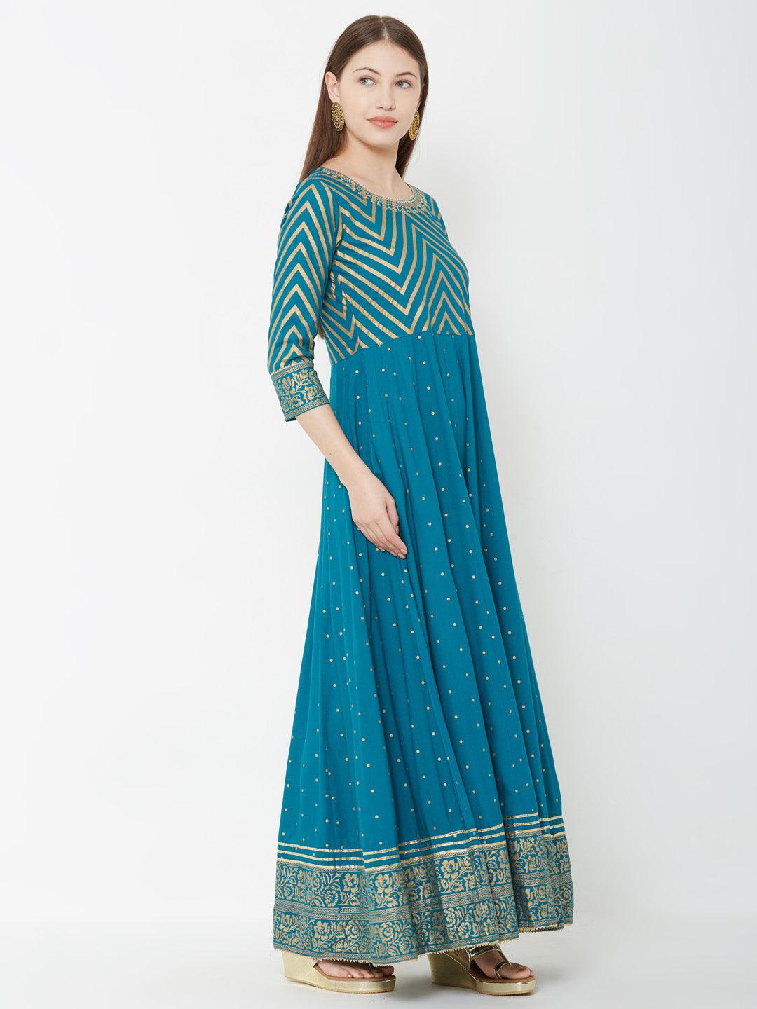 Chevron Printed Multi Panel Maxi – Turquoise Blue - Indiakreations