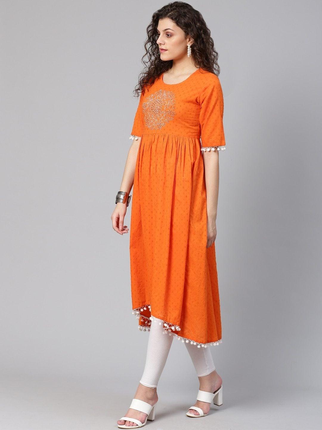 Women's Orange Pom-Pom Detail Woven Design High-Low A-Line Kurta - Meeranshi - Indiakreations