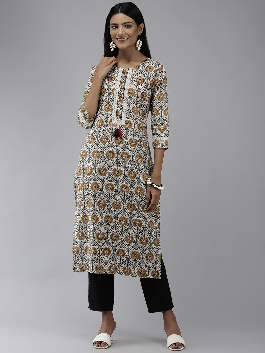 Women's Beige Ethnic Motifs Cotton Printed Kurta - Yufta