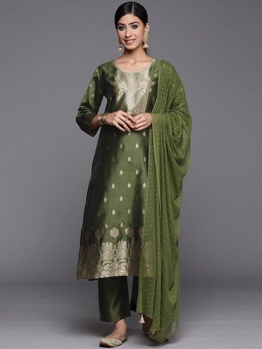 Varanga Women Olive Green Kurta with Trousers & With Dupatta - Indiakreations