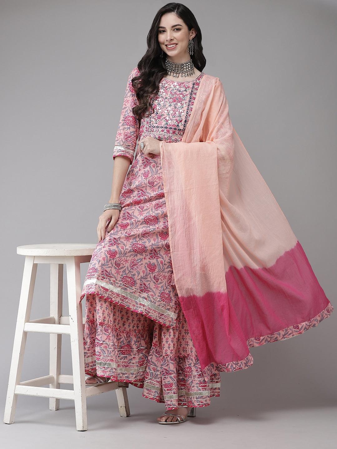 Women Pink Cotton Kurta with Sharara & Dupatta by Ishin (3pcs Set) - Indiakreations