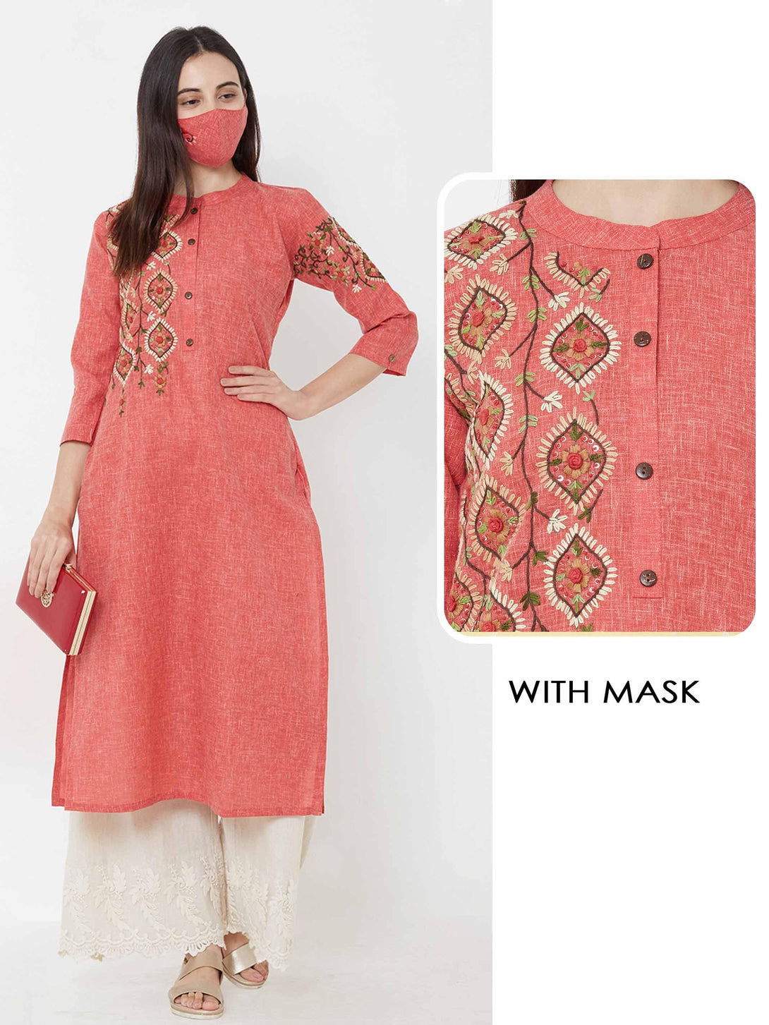 Hand Embroidered Kurta & matching mask – Peach - Indiakreations