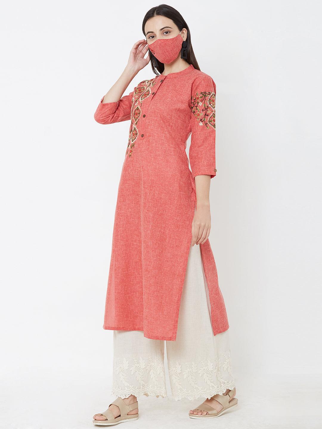 Hand Embroidered Kurta & matching mask – Peach - Indiakreations